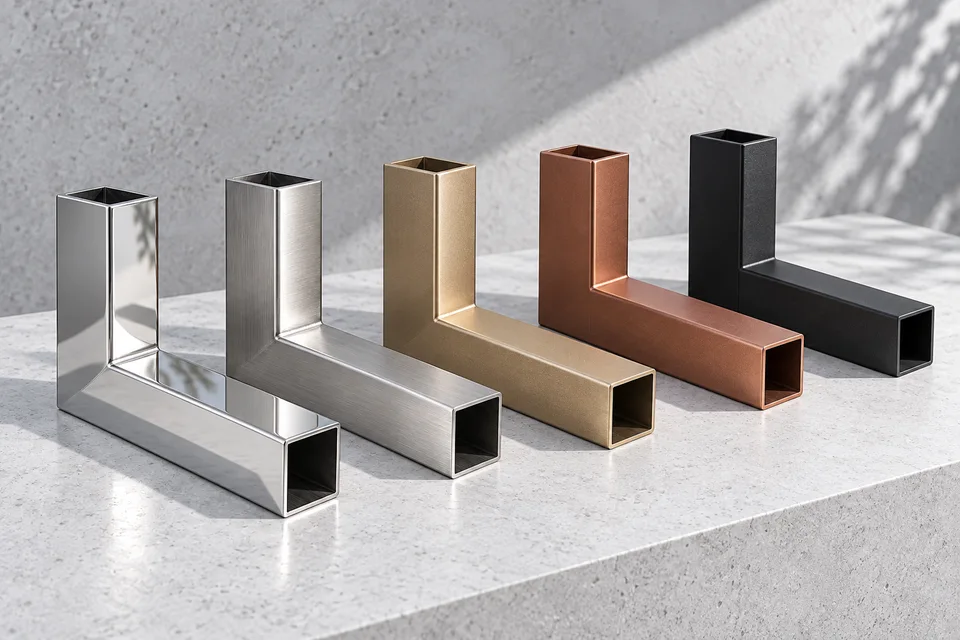 Cinco amostras ilustrativas, da esquerda para a direita: inox polido, inox escovado e pintura nas cores dourado, cobre e preto.