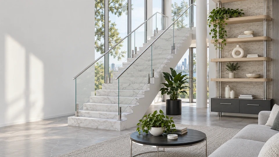 Ambiente ilustrativo com guarda-corpos de vidro, suportes retangulares e corrimãos contínuos em inox natural polido nos dois lados da escada, estante em inox e madeira e mobiliário com detalhes metálicos.